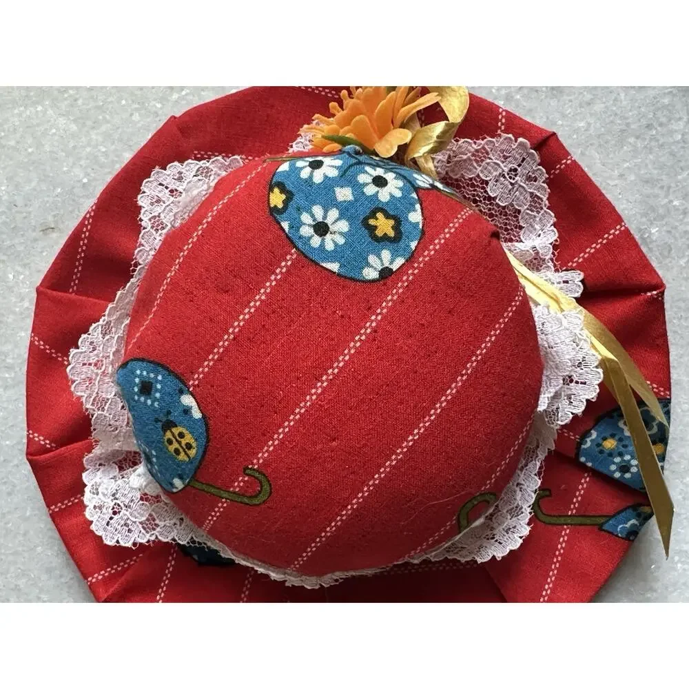 red hat Pin Needle Cushion vintage lacy brim flower sewing Accessories 6” X 6”